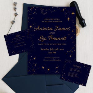 Himmlische Hochzeitseinladung | Dunkelblau Gold Leinwand Vorlage | Sternenklare Nacht Hochzeitskleid