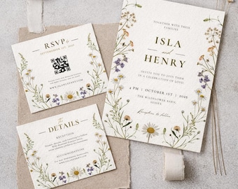 Invitación de boda con flores silvestres, elegante plantilla botánica de Canva (descarga digital)