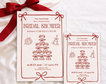 Red Bow Bridal Shower Invitation Template | Coquette Bachelorette Party Invite (Digital Download)