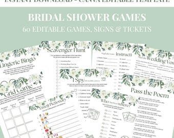 Greenery Bridal Shower Games Bundle: 60 Editable Canva Templates (Digital Download)