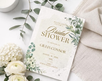 Elegant Bridal Shower Invitation Template Editable in Canva | Greenery Gold Bridal Shower Invite | Botanical Wedding Invitation