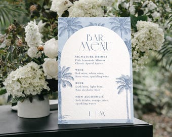 Palm Springs Wedding Bar Menu Template | Editable Canva Tropical Blue Signature Drinks Sign Printable