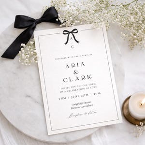 Minimalist Bow Wedding Invitation | Black Tie Canva Template