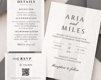Black Tie Wedding Invitation Suite, Minimalist Elegant Design (Canva Template Digital Download)
