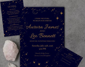 Celestial Wedding Invitation Suite | Marinblå, Guldstjärnor, QR-kod OSA (redigerbar Canva-mall)