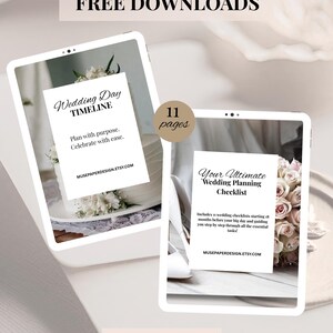 K&ouml;nnte beinhalten: Zwei digitale Tablets mit Hochzeitsplanungsleitf&auml;den. Ein Tablet zeigt eine "Hochzeitstag-Zeitleiste" mit Text. Das andere zeigt eine "Hochzeitsplanungs-Checkliste". Der Satz "KOSTENLOSE DOWNLOADS" steht oben und "LINKS IM HAUPTSHOP" unten.