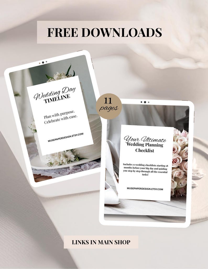K&ouml;nnte beinhalten: Zwei digitale Tablets mit Hochzeitsplanungsleitf&auml;den. Ein Tablet zeigt eine "Hochzeitstag-Zeitleiste" mit Text. Das andere zeigt eine "Hochzeitsplanungs-Checkliste". Der Satz "KOSTENLOSE DOWNLOADS" steht oben und "LINKS IM HAUPTSHOP" unten.
