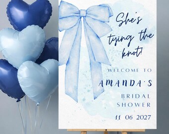 Shes Tying the Knot Welcome Sign Template Editable Canva Blue Bow Bridal Shower Welcome Sign Something Blue Wedding Sign
