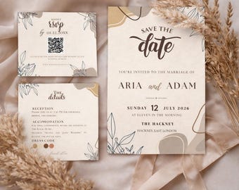 Modern Wedding Invitation Suite | Earth Tone, QR Code RSVP (Canva Template)