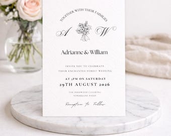 Monogram Wedding Invitation Template, Elegant Script Classic Canva Editable Invite, Romantic Printable Wedding Invitation