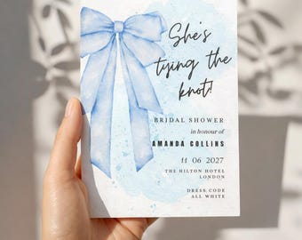 Shes Tying the Knot Bridal Shower Invitation Template Editable Canva Blue Bow Invite Something Blue Wedding Shower Printable