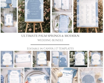 Palm Springs Hochzeit Vorlage Bundle | Bearbeitbare Canva Blue Tropical Moderne Printable Set
