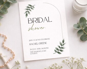 Plantilla editable de invitación para despedida de soltera con temática de vegetación en Canva. Invitación minimalista para despedida de soltera con diseño botánico moderno. Invitación imprimible.