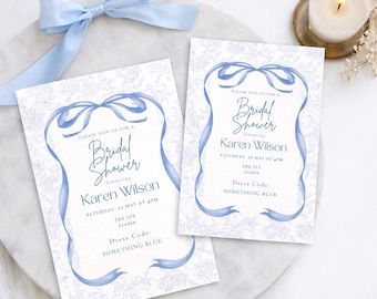 Blue Bow Bridal Shower Invitation Template Editable Canva | Something Blue Bridal Invite Toile Wedding Shower Printable