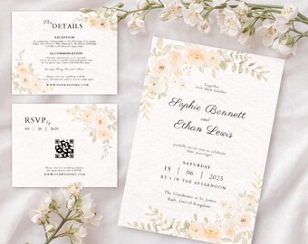 Floral Wedding Invitation Suite | Elegant RSVP & Details (Digital Download)