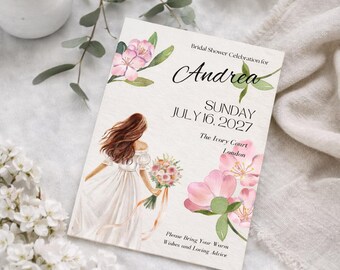 Floral Bridal Shower Invitation Template Editable Canva | Romantic Bride Illustration Invite Pink Flower Wedding Shower Printable