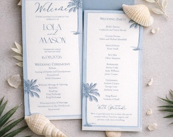 Palm Springs Vorlage für das Hochzeitsprogramm | Bearbeitbare Canva Blue Tropical Ordnung des Service Printable