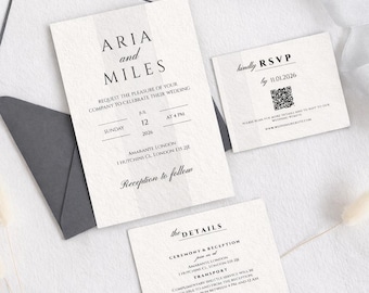 Black Tie Wedding Invitation Suite, Minimalist Modern Canva Template (Digital Download)