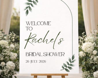 Plantilla editable de cartel de bienvenida para despedida de soltera con temática botánica en Canva. Cartel de bienvenida para boda con arco minimalista. Cartel imprimible.