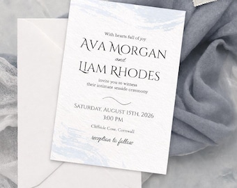Coastal Wedding Invitation Template | Minimalist Blue Beach Design (Canva Editable, Printable)