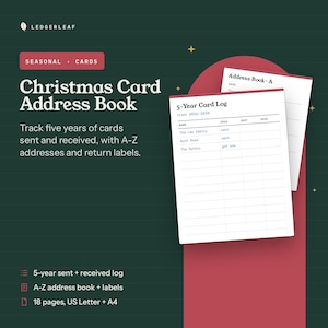 May include: A Christmas Card Address Book digital planner with a dark green background and red accent. The text reads Christmas Card Address Book, 5-Year Card Log, and Address Book-A. It includes a 5-year sent and received log, A-Z address book, and labels.