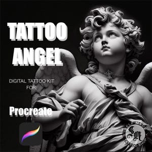 Könnte beinhalten: Schwarz-weißes digitales Tattoo-Kit für Procreate, das eine detaillierte Engelsstatue zeigt. Das Bild enthält den Text "TATTOO ANGEL" und das Procreate-App-Logo. Das Logo des Self Made Tattoo Shops ist ebenfalls sichtbar.