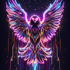 Arte murale Aquila al neon / Stampa animale psichedelica / Download digitale Dreamcore / Poster di uccello psichedelico in formato PNG
