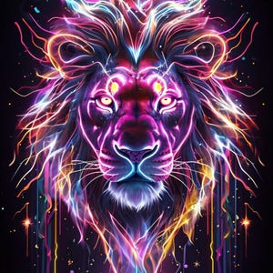 Neon Lion Wall Art | Psychedelic Animal Digital Print | Weirdcore Printable Poster | Trippy Leo Zodiac Decor PNG