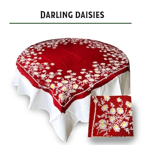 Reproduction Vintage 100% Cotton 60 Inch Square Retro Style Tablecloth - Darling Daisies Floral Pattern