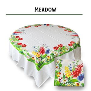 Reproduction Vintage 100% Cotton 60 Inch Square Retro Style Tablecloth - Meadow Floral Pattern