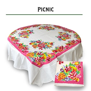 Reproduction Vintage 100% Cotton 60 Inch Square Retro Style Tablecloth - Picnic Floral Pattern