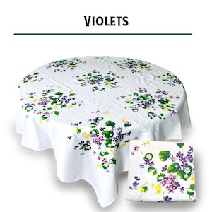 Reproduction Vintage 100% Cotton 60 Inch Square Retro Style Tablecloth - Violets Floral Pattern