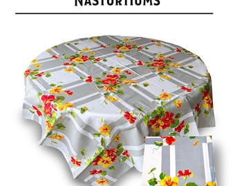 New Vintage Repro 100% Cotton 60 Inch Square Tablecloth - Nasturtiums Floral Pattern