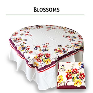 Reproduction Vintage 100% Cotton 60 Inch Square Retro Style Tablecloth - Blossoms Floral Pattern