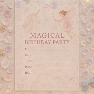 Faire-part d'anniversaire magique fée et licorne | Invitation à une fête imprimable à remplir pour filles | Carte numérique à téléchargement immédiat pour fêtes d'enfants