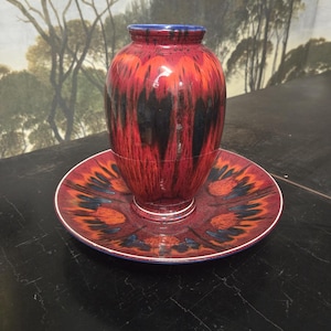 Vintage Poole Pottery Vase & Charger – Red Flame Glaze