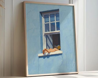 Blue Navy Minimalist Digital Wall Art, Aesthetic Home Decor, Calm Summer Window Print, Book Lover Digital Download, Soft Dopamine Decor