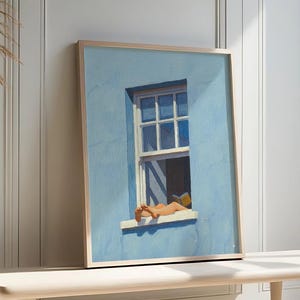 ブルーネイビーのミニマリストデジタルウォールアート、美しい室内装飾、穏やかな夏の窓辺のプリント、読書好きのためのデジタルダウンロード、ソフトドーパミンデコレーション