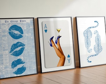 Navy Blue Wall Art Set Of 3 Preppy Digital Prints Aesthetic Poster Bundle Modern Room Decor Ace Of Hearts Legs Kiss Cheetah Artwork