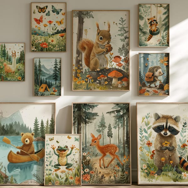Bundel bosdieren kinderkamer muurkunst - jungle-verhalenboek dierenprints, bos kinderkamerdecor, vintage babykamerposterset