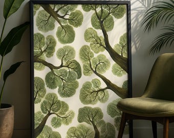 Green Tree Canopy Wall Art Print, Botanical Nature Poster, Scandinavian Forest Artwork, Organic Minimalist Home Decor Download