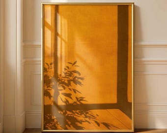 Arte de parede imprimível com sombras da janela na hora dourada, impressão fotográfica minimalista da luz solar, download digital para decoração de casa com estética aconchegante.