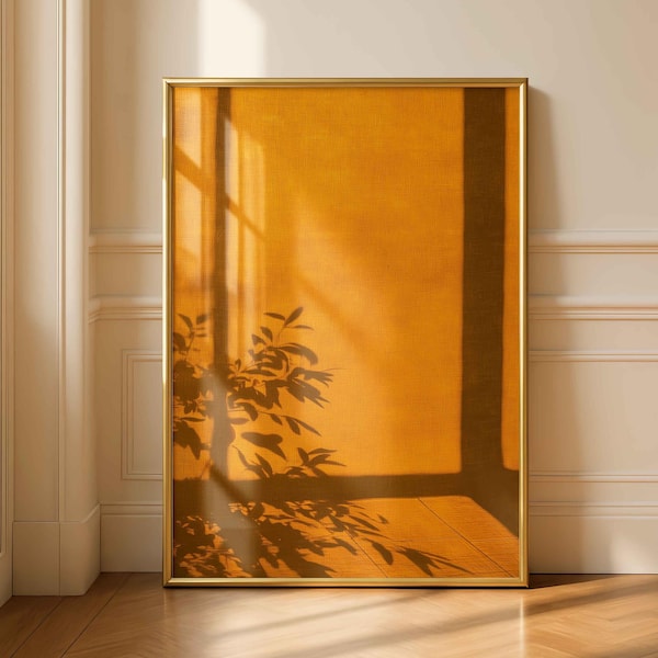Lámina decorativa imprimible con la sombra de la ventana al atardecer, impresión fotográfica minimalista a la luz del sol, decoración cálida y estética para el hogar (descarga digital)