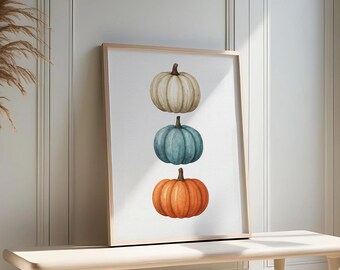 Arte de pared de calabaza en acuarela, decoración de otoño de Halloween imprimible, póster de calabazas apiladas con temática otoñal para cocina y sala de estar.