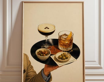May include: A framed print featuring a vintage-style illustration of cocktails and olives served on a vinyl record. The print showcases a martini, an old fashioned, and two small bowls of olives, creating a retro bar scene.