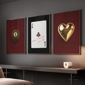 Red Leopard Wall Art Set: 8 Ball, Heart, Lucky Card Prints (Digital Download