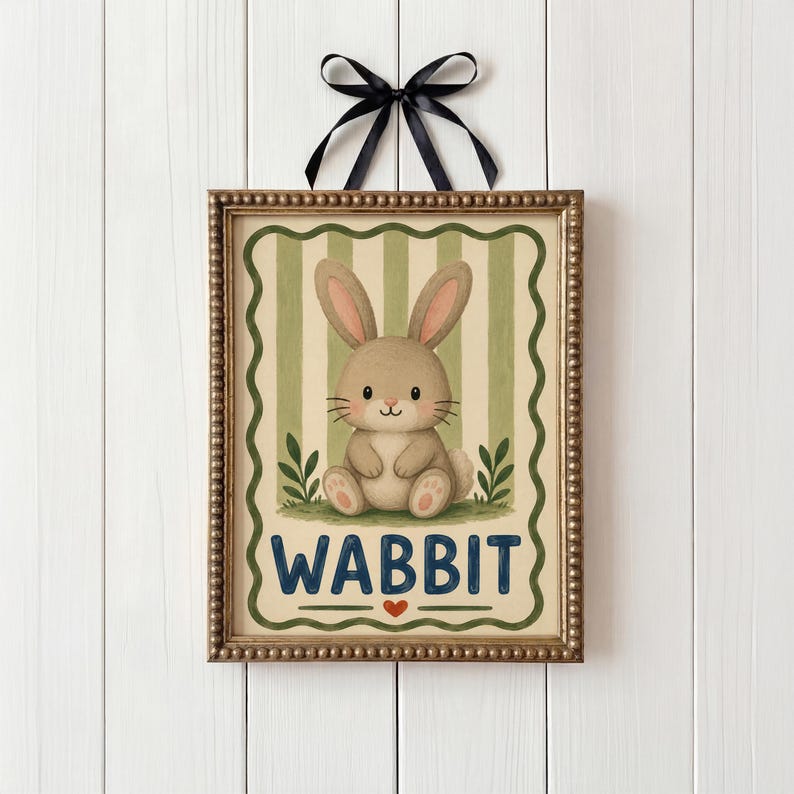 May include: A framed print with a cartoon rabbit and the word "WABBIT". The rabbit is brown with pink ears, set against a green and cream striped backdrop. A black ribbon is attached to the top. The frame has a gold-colored beaded edge.