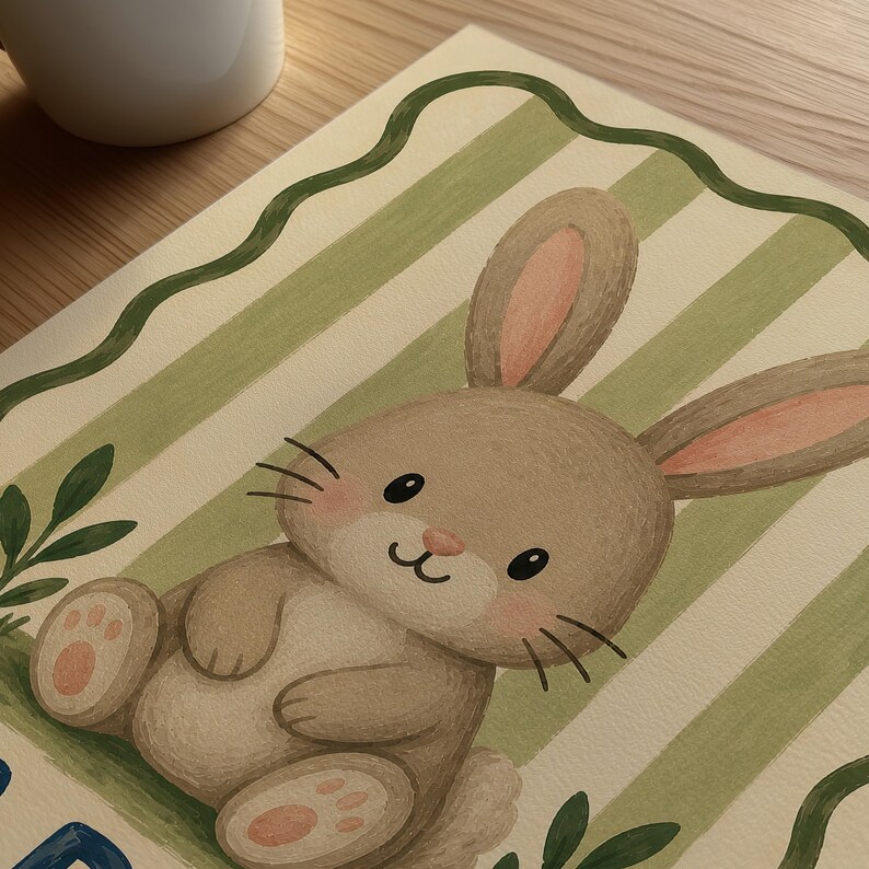 May include: A watercolour illustration of a brown bunny with pink accents, lying on a cream background with green stripes. The bunny has a sweet expression and is surrounded by green leaves and a green border. A white mug is in the background.