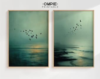 Japandi Wall Art Set of 2, Sage Green Ocean Prints with Birds, Minimal Coastal Landscape, Scandinavian Zen Decor, Printable Art