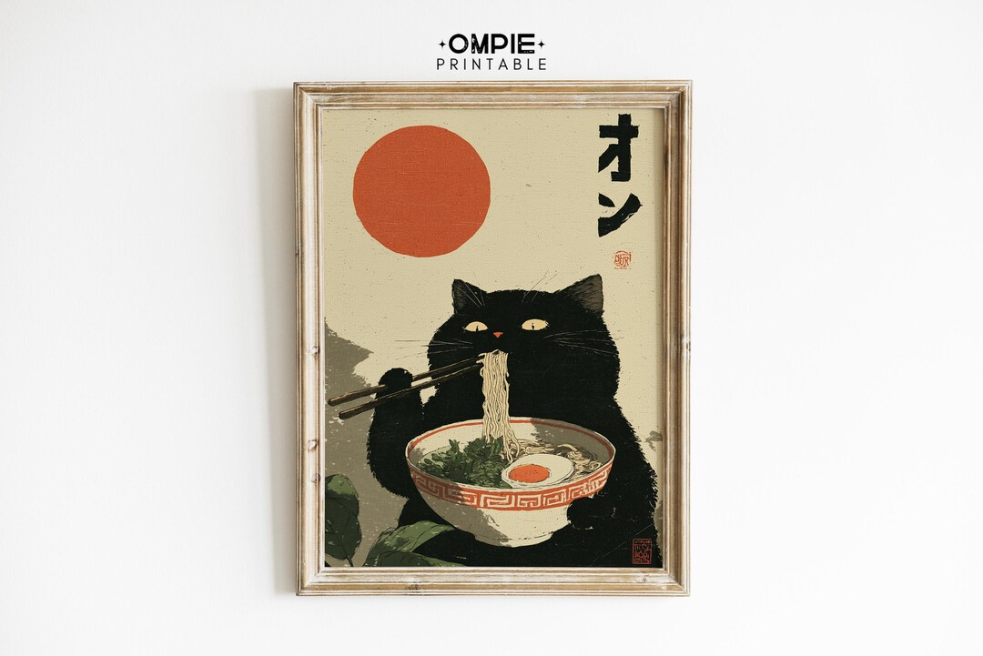 Japanese Ramen Cat Wall Art Printable, Retro Black Cat Noodle Poster ...